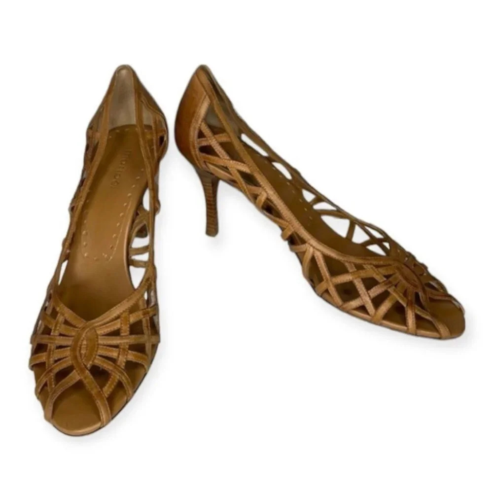 Maripe Rio Peep Toe Leather Shoes Tan Cutout Crossover Heels Retro Summer 11